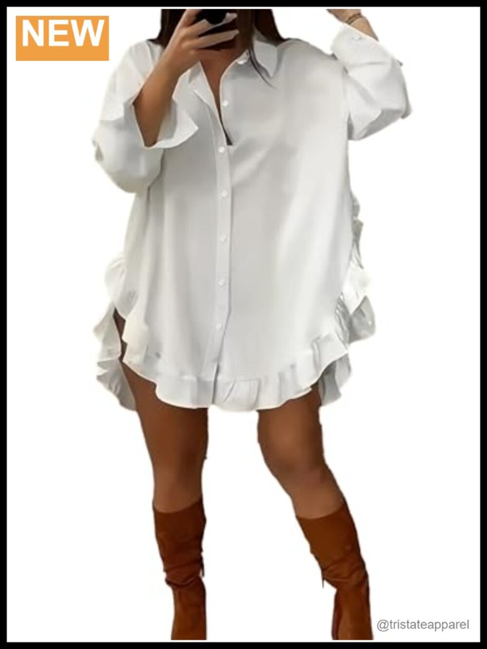 Oversized Cotton Button Down Shirt with Ruffled Slit Hem Long Sleeve